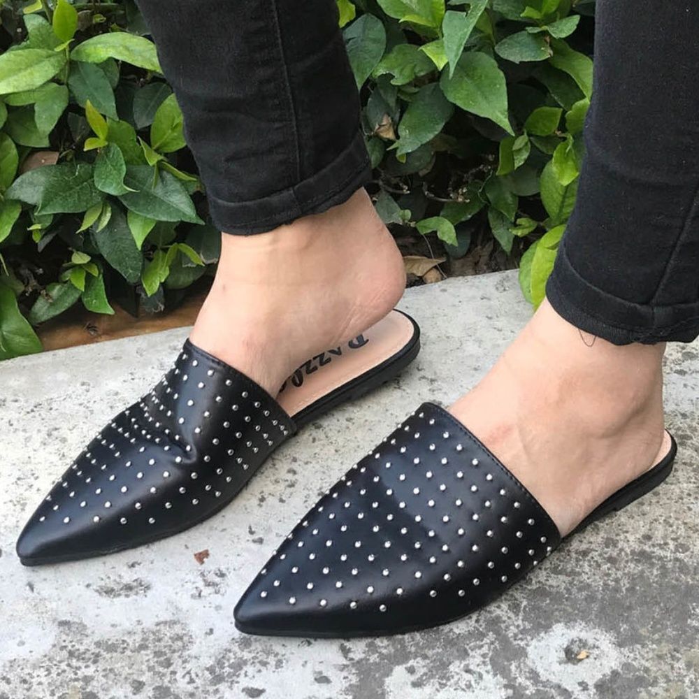 Studded Vegan Leather Pointy Toe Mule Flats Black